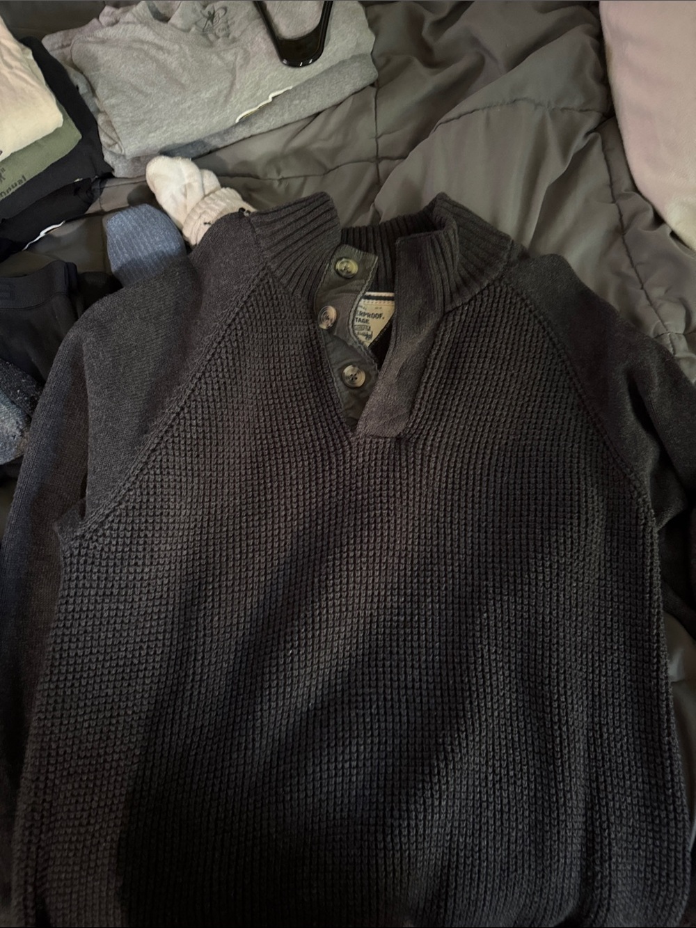 Men's Dark Charcoal V-Neck Button Pullover Sweater